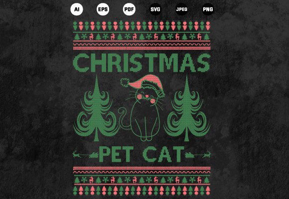 Merry Christmas Pet Cat T-Shirt Design In Real Stitch Work